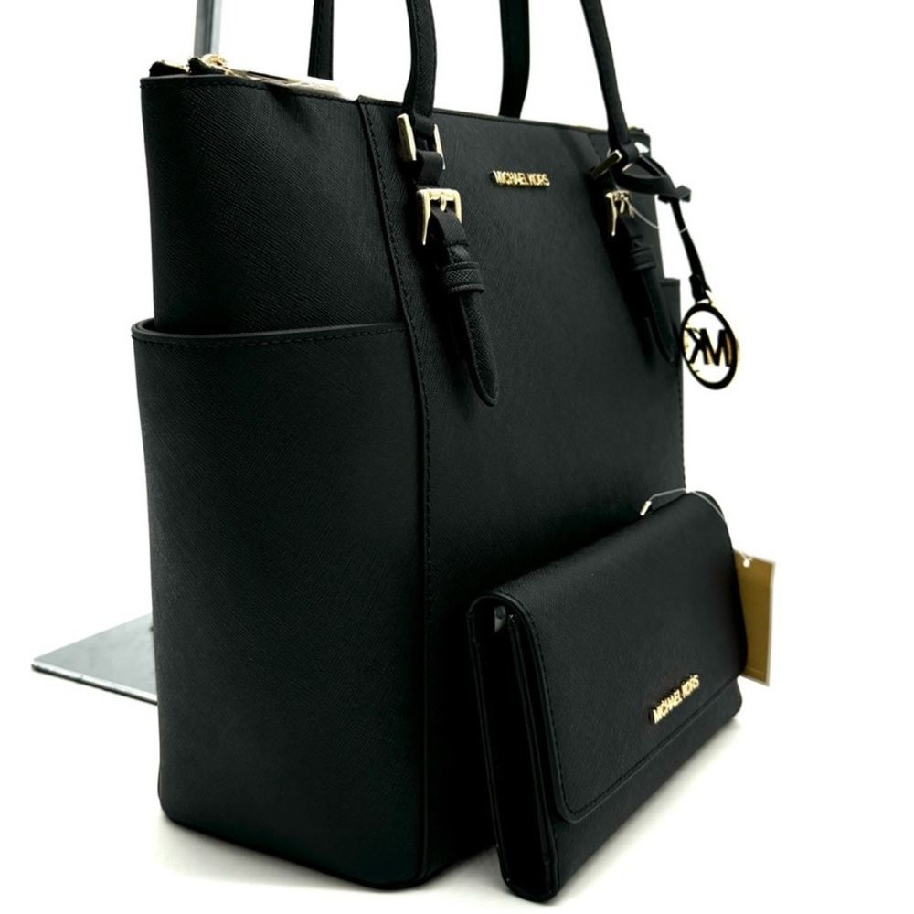 Michael Kors Large Charlotte TZ Tote Bag & Large Trifold Wallet Black/Gold - Picture 4 of 14